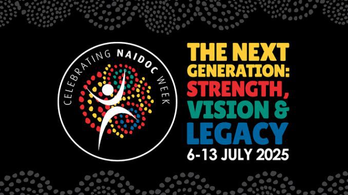 NAIDOC Week 2020 theme poster with colorful text and Aboriginal dot art figure.