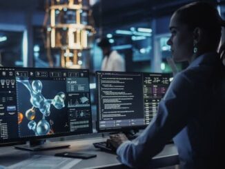 Scientist analyzing molecular data on computer screens in a high-tech lab.