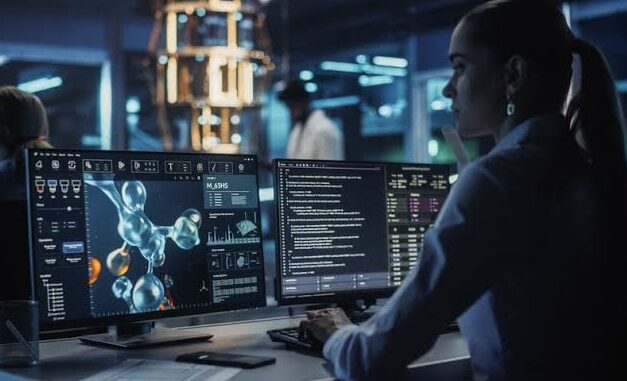Scientist analyzing molecular data on computer screens in a high-tech lab.