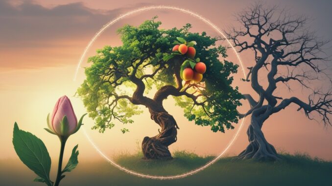 Tree life cycle with flower and fruit.