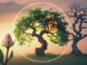 Tree life cycle with flower and fruit.