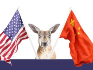 Kangaroo flanked by U.S. and China flags