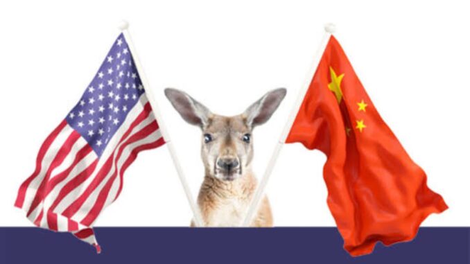 Kangaroo flanked by U.S. and China flags