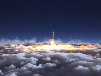 Rocket launching through clouds at night.