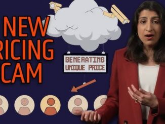 Woman discussing new pricing scam illustration.