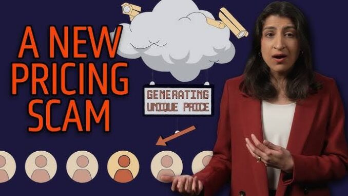 Woman discussing new pricing scam illustration.