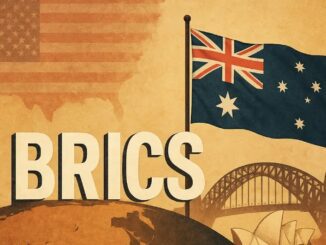 BRICS text with Australian flag background.