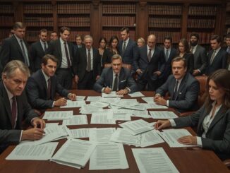 Business meeting with documents and attendees.