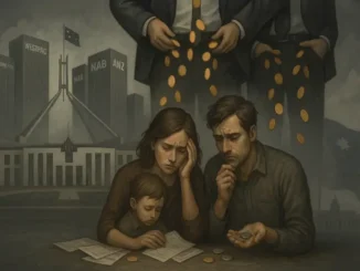 Family struggling with finances, banks in background.