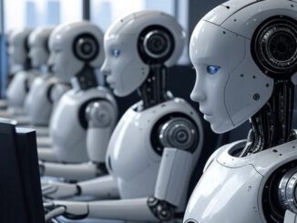 Robots working at computers in an office.