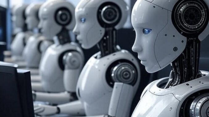 Robots working at computers in an office. Robots working at computers in an office.