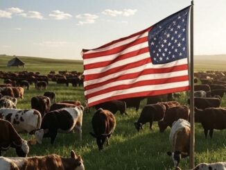 American flag waving in field with cows.