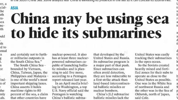 Newspaper headline about Chinese submarine strategy.