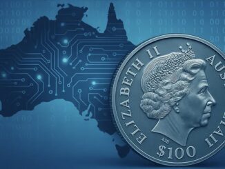 Australian coin with digital map background.