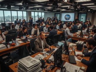Busy newsroom with people working at desks.