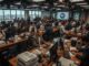 Busy newsroom with people working at desks.