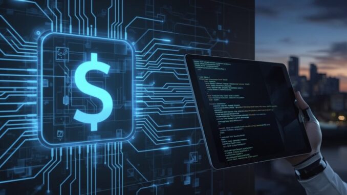 Digital currency concept with code and tablet. Digital currency concept with code and tablet.