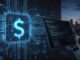 Digital currency concept with code and tablet.