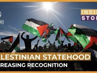 People waving Palestinian flags under bright sun.