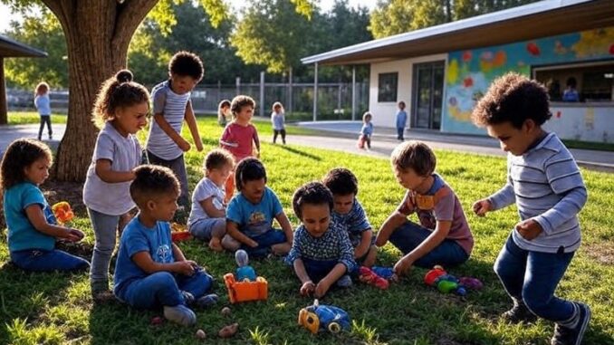 Children playing with toys in a park. Children playing with toys in a park.