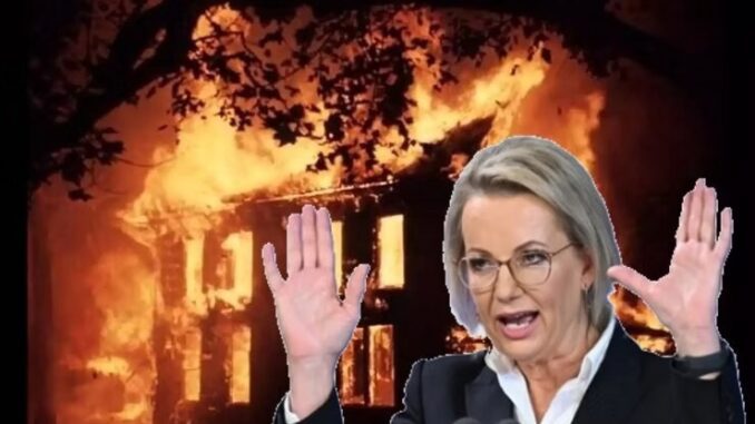 A house engulfed in flames, person gesturing.