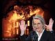 A house engulfed in flames, person gesturing.