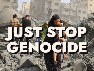 People amidst rubble with "Just Stop Genocide".
