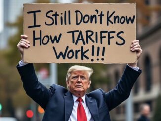Man holding sign about tariffs confusion.
