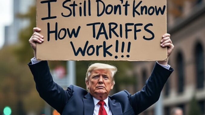 Man holding sign about tariffs confusion. Man holding sign about tariffs confusion.