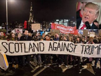 Protest in Scotland against Trump at night.