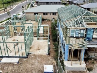 Construction site with partially built houses.