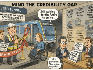 Cartoon shows a train called 'Future' with people waiting and a 'Credibility Gap' sign.