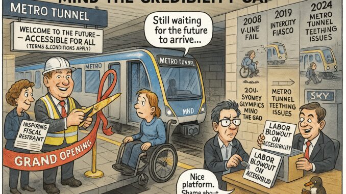 Cartoon shows a train called 'Future' with people waiting and a 'Credibility Gap' sign. Cartoon shows a train called 'Future' with people waiting and a 'Credibility Gap' sign.
