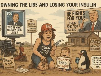 A political cartoon criticizing a deceptive politician and his supporters.
