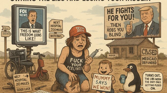 A political cartoon criticizing a deceptive politician and his supporters.