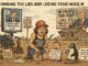 A political cartoon criticizing a deceptive politician and his supporters.