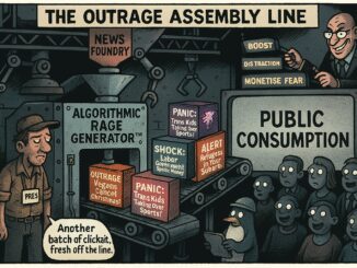 A cartoon assembly line producing 'outrage' content for the public.