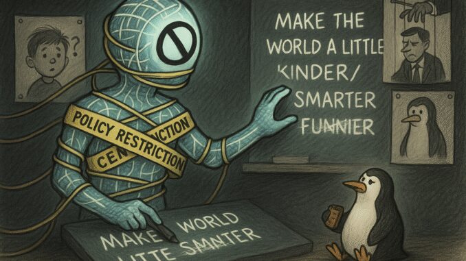 Robot and penguin discussing world improvement ideas.