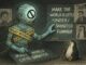 Robot and penguin discussing world improvement ideas.