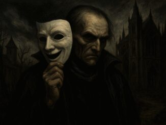 Man holding mask in dark, eerie setting.