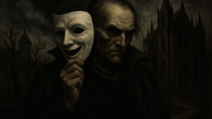 Man holding mask in dark, eerie setting. Man holding mask in dark, eerie setting.