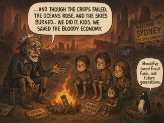 Group of children and an older figure around a campfire sharing a grim story.