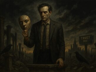 Man holding mask in dystopian landscape.