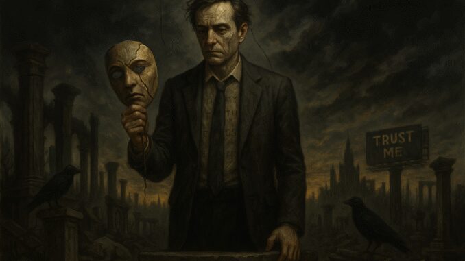 Man holding mask in dystopian landscape.