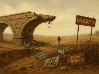 Broken bridge, man walking, protest signs nearby.
