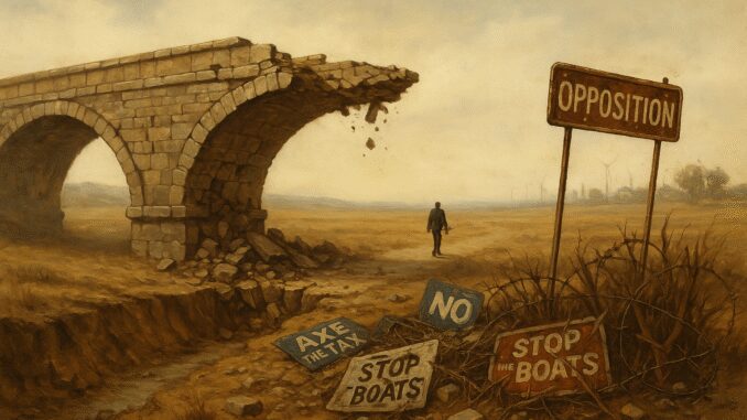 Broken bridge, man walking, protest signs nearby.