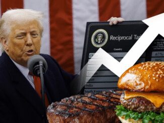 Man speaking, steak, burger, chart with arrow.