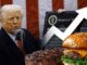 Man speaking, steak, burger, chart with arrow.