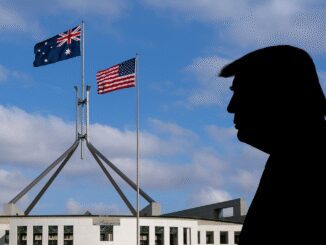 Silhouette with Australian and American flags background.