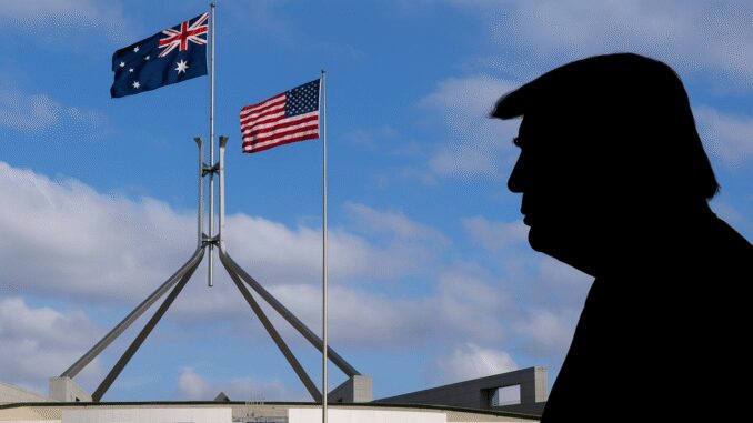 Silhouette with Australian and American flags background.